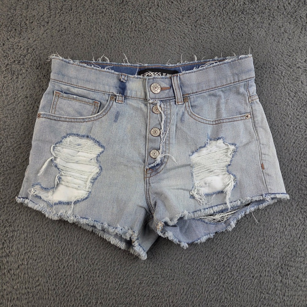 Express Jeans Shorts Women 4 Distressed Button Fly Light Wash Frayed Hem